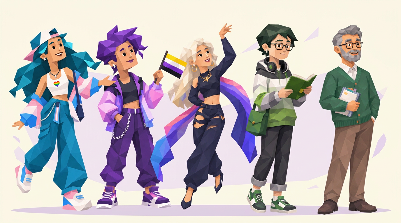 An illustrated line-up of people of many gender identities