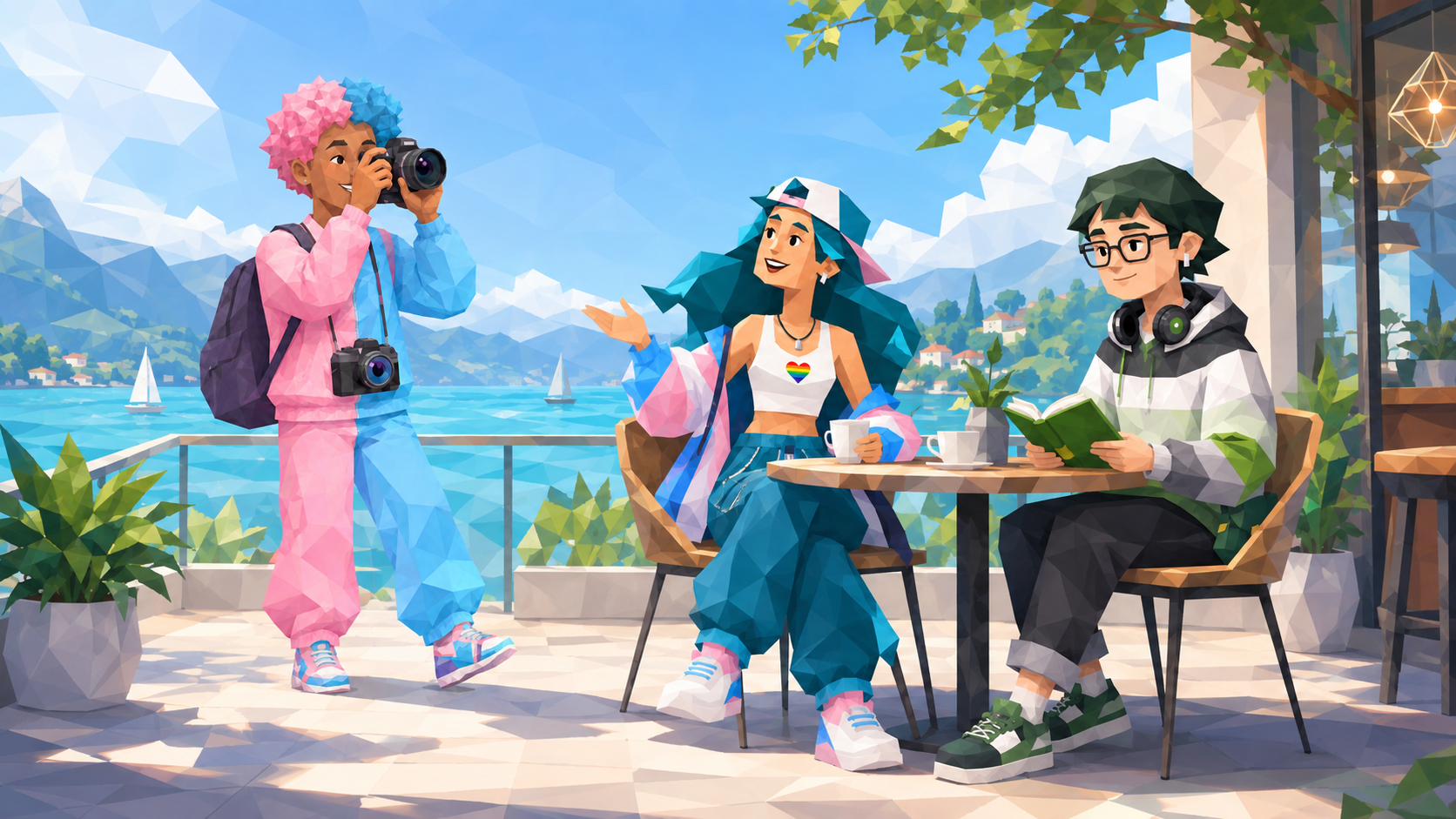 Illustrated friends on a lakeside terrace, one taking photos, two talking over coffee