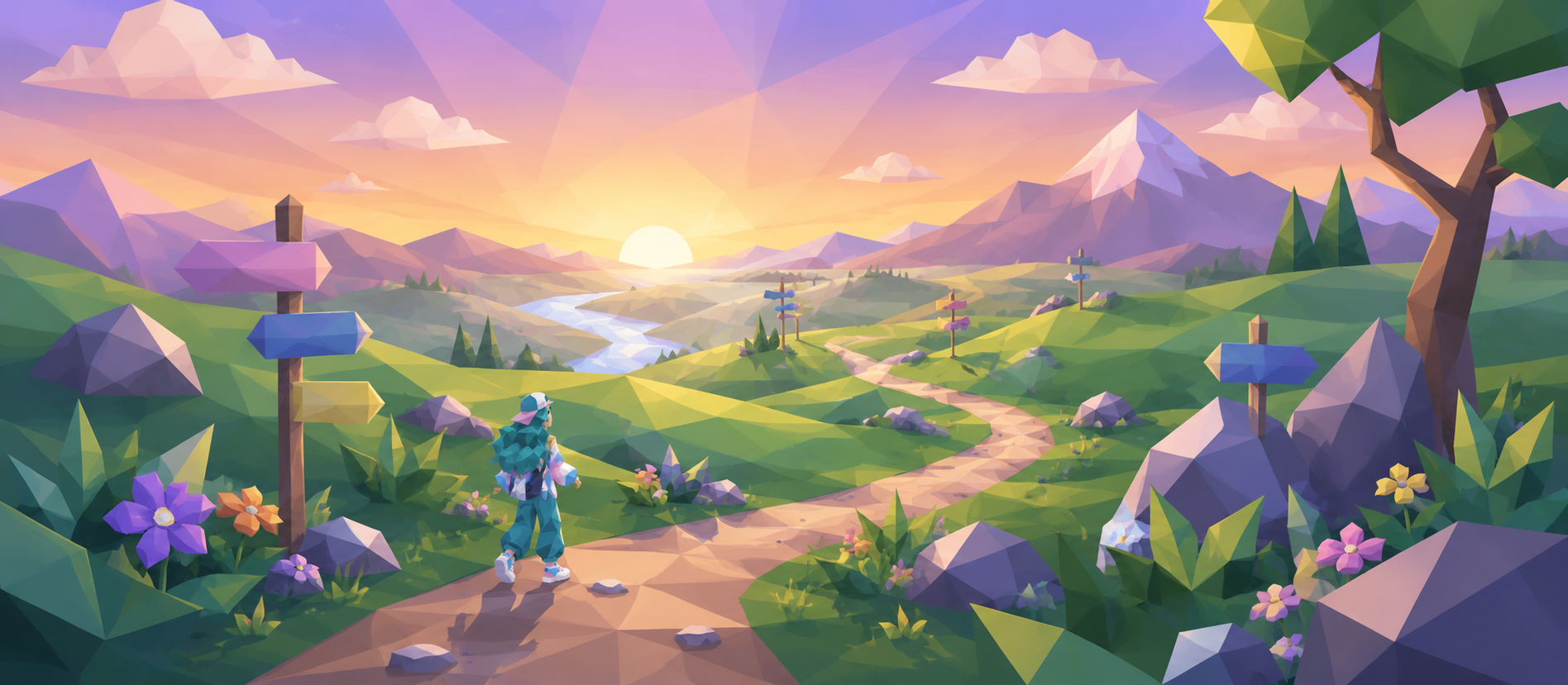 Illustrated path winding through low-poly mountains