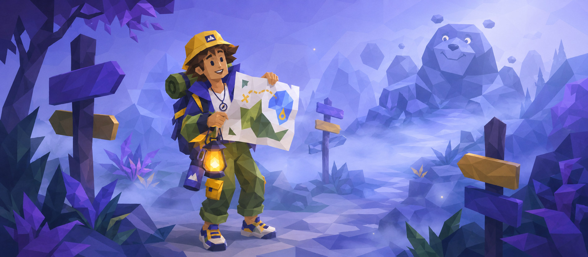 Illustrated explorer looking at a map