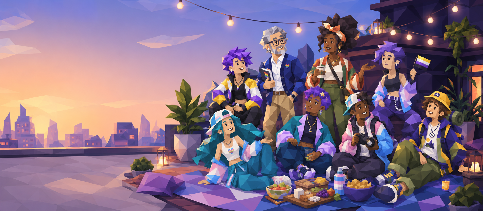 Illustrated group of friends together on a rooftop at sunset
