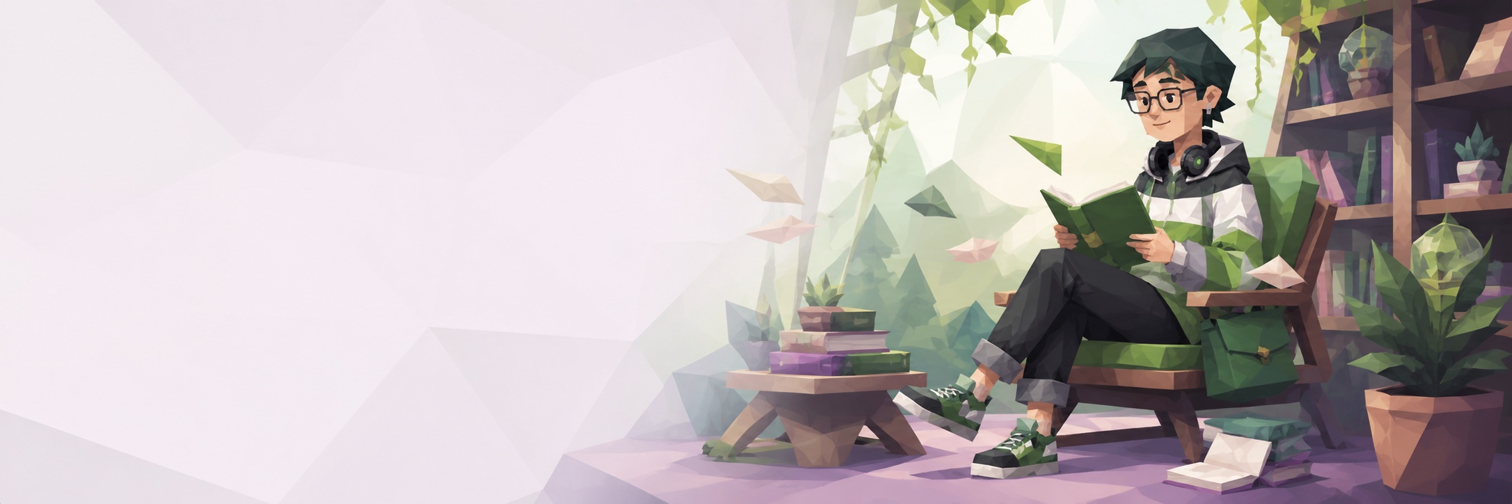 A character reading among plants and bookshelves