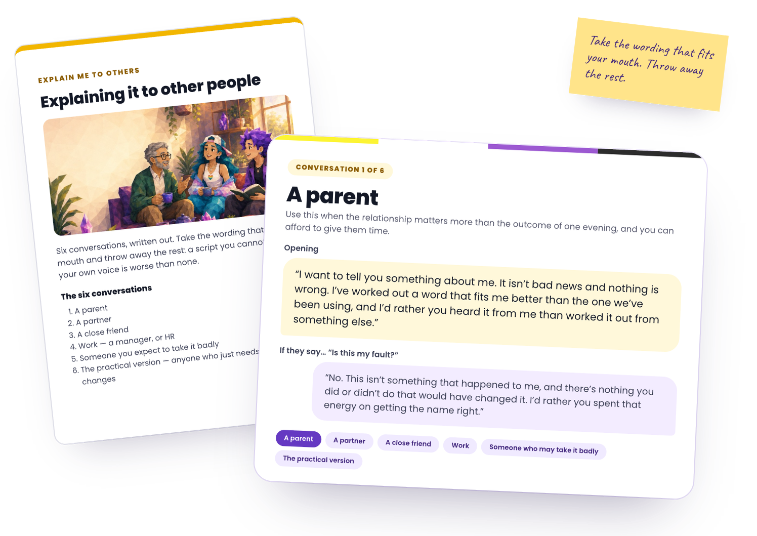 What the kit holds: the page introducing the six conversations, and the conversation with a parent laid out as speech bubbles, with its opening line and one reply