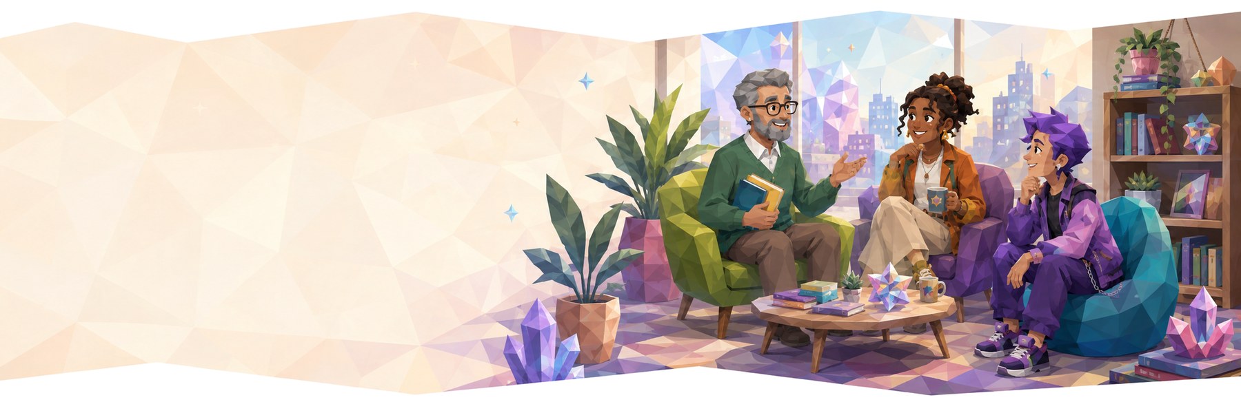 A group of characters talking together in a plant-filled living room