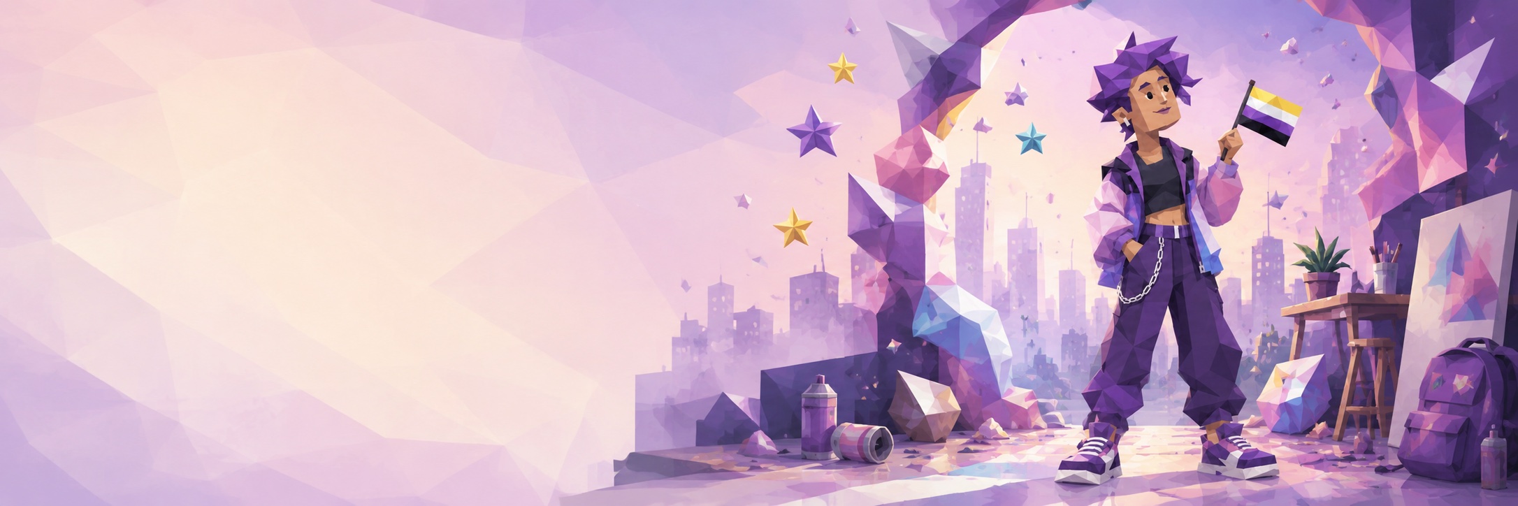 A character on a city rooftop at dusk with pride bunting