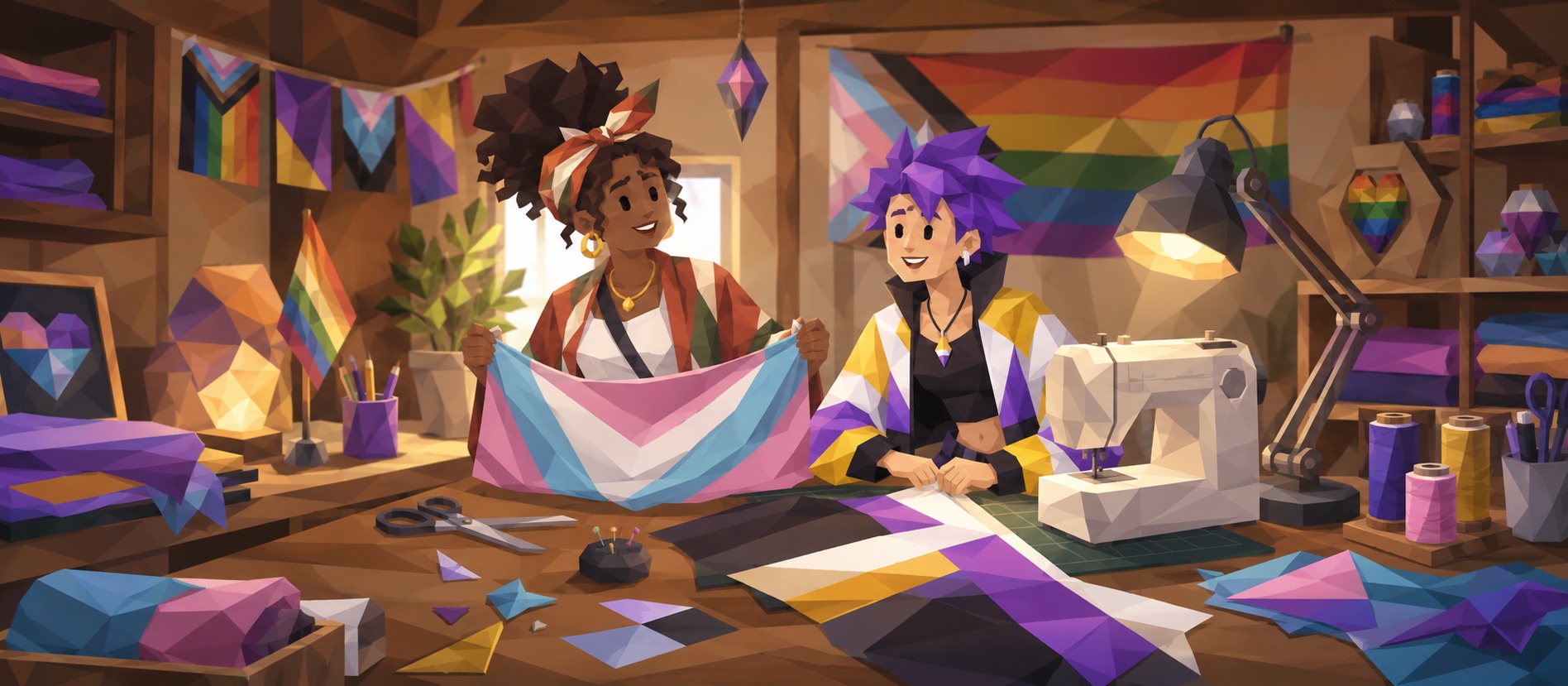 Two illustrated characters sewing transgender and non-binary pride flags in a warm workshop