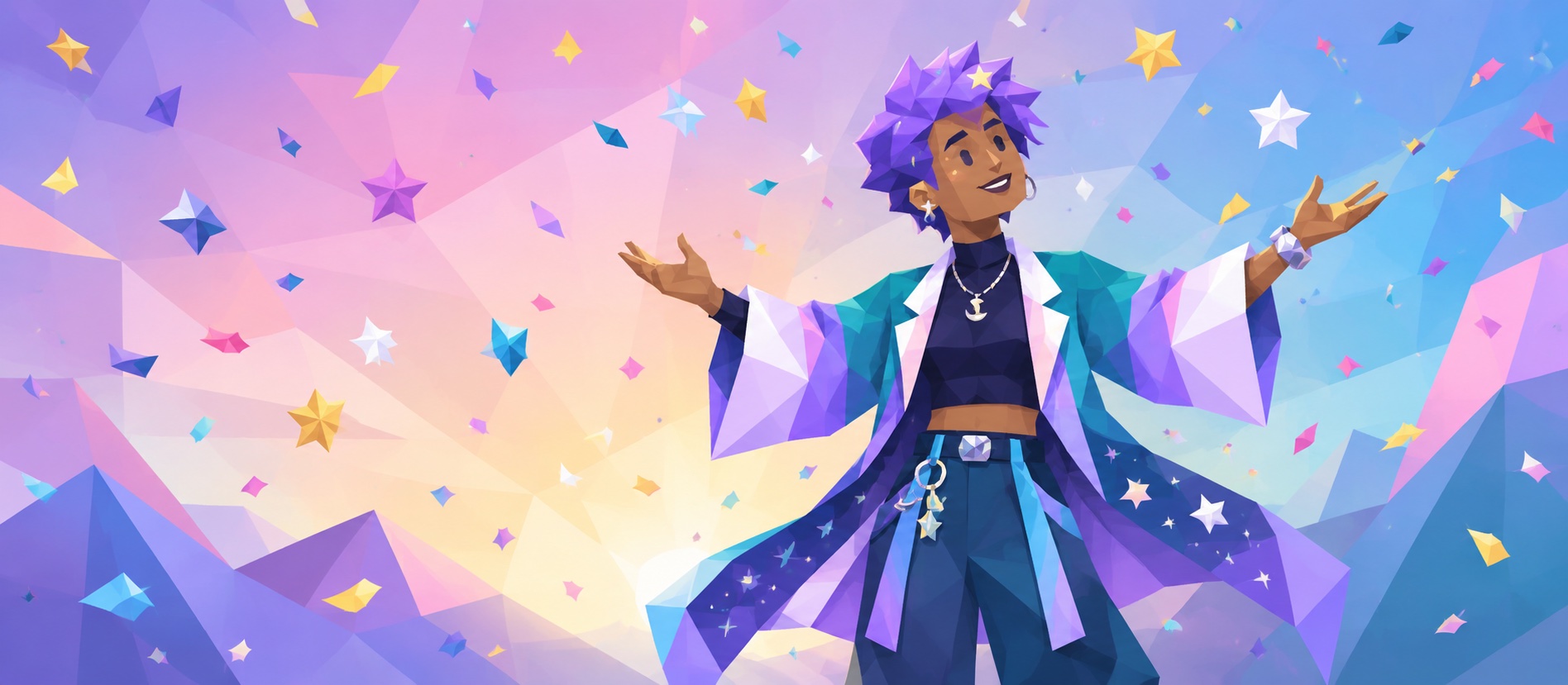 Illustrated character with open arms under falling confetti after taking the gender identity test