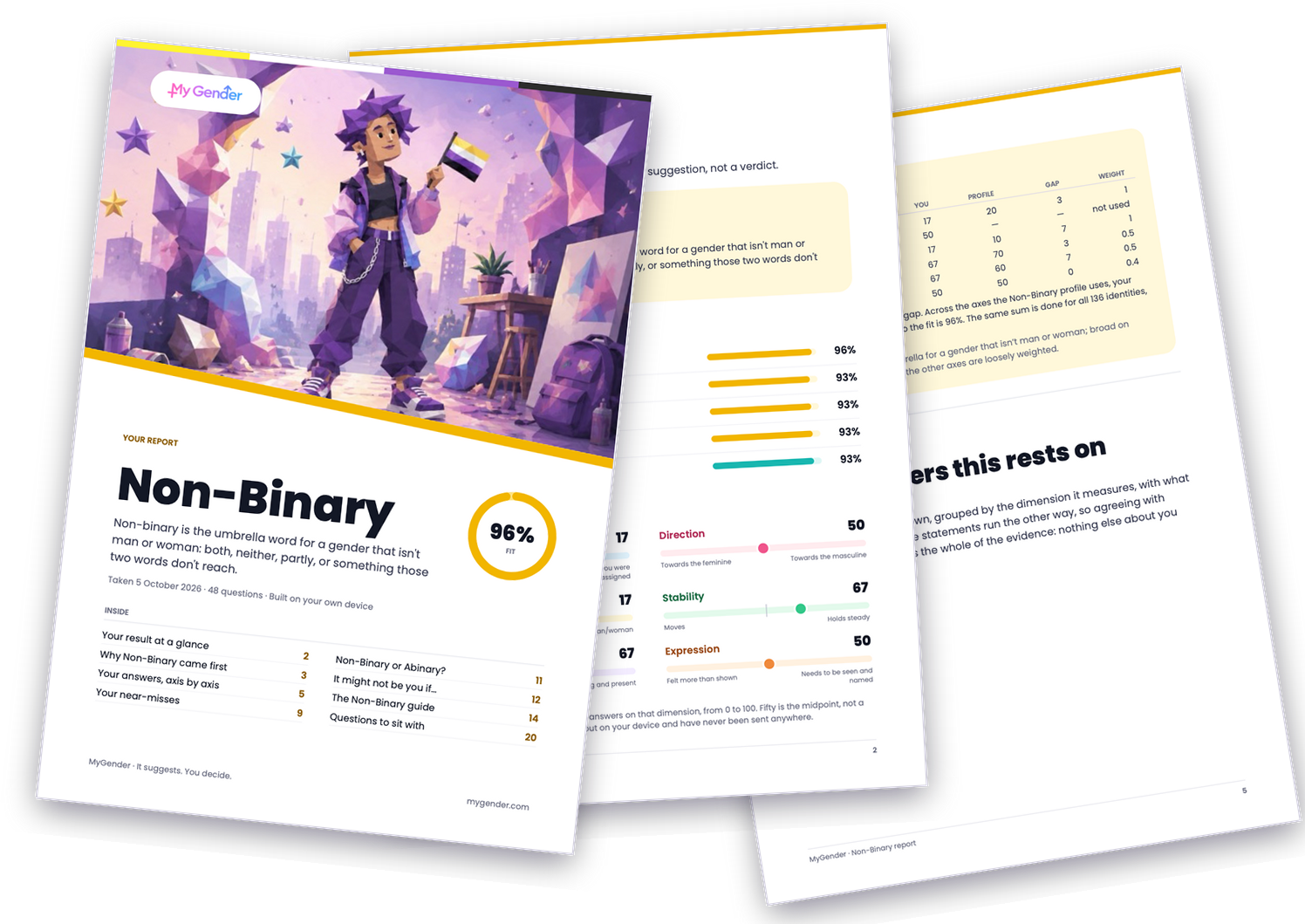Three pages of a sample report: the cover, the result at a glance with the six scores, and the page with the 48 answers it rests on