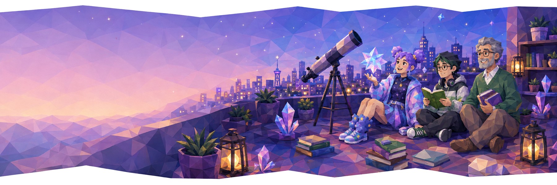 A group stargazing with a telescope on a hillside at dusk